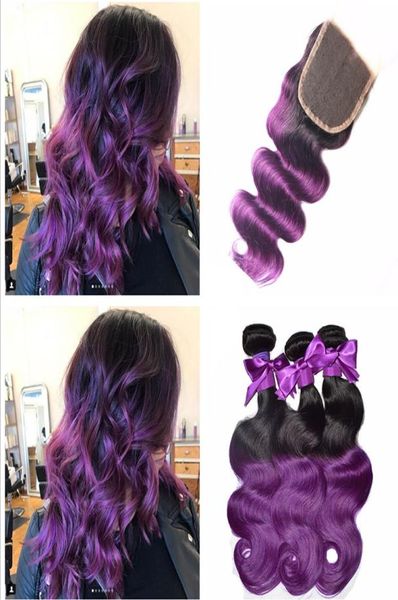 8A chiusura in pizzo Ombre viola malese con fasci di capelli umani viola bicolore 1b con chiusura Cosplay fasci di radici scure viola9591668