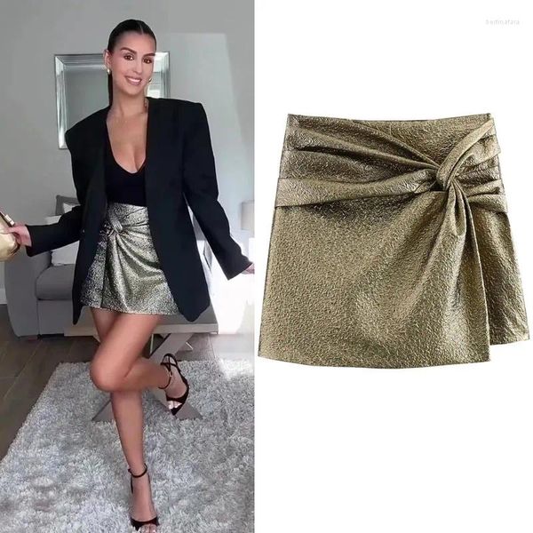 Saias douradas curtas para mulher moda atada skort mulheres elegante assimétrico hem shorts feminino sexy saia estética