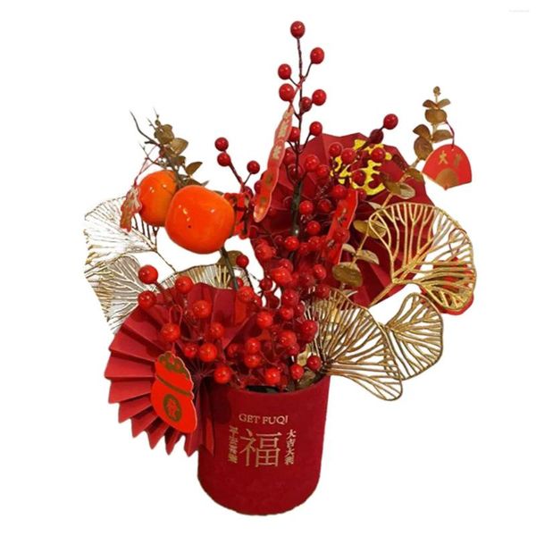 Flores decorativas ano chinês ornamento de balde da sorte com vaso de feng shui leve para quarto