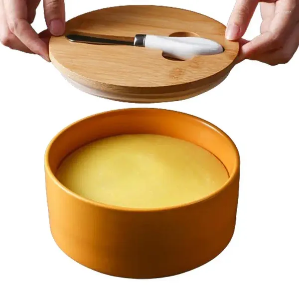 Stoviglie Piatti per burro in ceramica Vassoio con coperchio Serbatoio per olio giallo Barattolo rotondo per riporre il cioccolato Casa per la casa Tutti i giorni