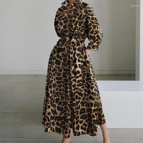 Vestidos casuais 2024 outono / inverno moda feminina luxo leopardo impressão exclusivo pulôver polo pescoço camisa mangas cintura alta vestido de balanço solto