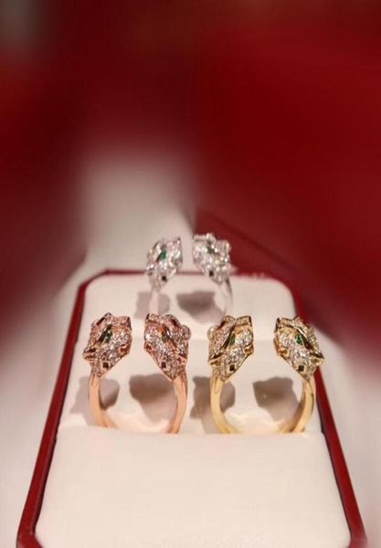 Cluster Ringen Verharde Zirkoon Steen Twee Luipaard Hoofd Vinger Ring Groen Oog Panter Dier Mannen Vrouwen Statement Cool Party Open Sieraden8318498