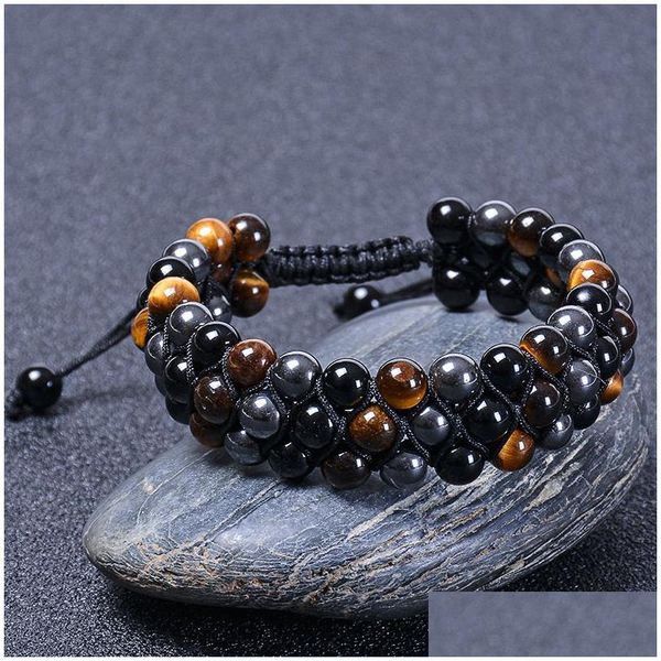 Kette 6 mm Naturstein Gelbes Tigerauge Schwarzer Achat Dreischichtiges Armband Handgeflochtener Hämatit 3 Reihen Edelstein Drop Delivery Schmuck Dhuvn