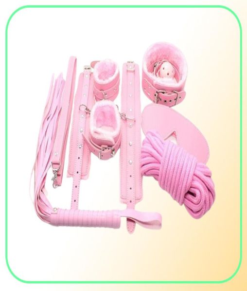 Бондаж Розовый мех из искусственной кожи Набор для связывания Кляп Кнут Ручные манжеты на щиколотке С завязанными глазами Воротник на шею E944929198