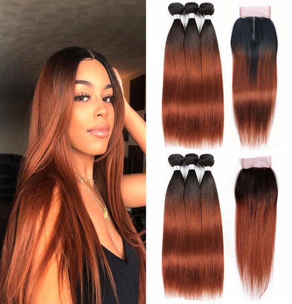 Dois tons Ombre Auburn cabelo virgem brasileiro tecer 3 pacotes com fechamento de renda 4x4 1B33 raízes pretas extensões de cabelo humano cru pre4800992