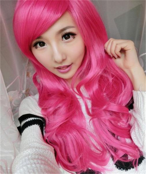 WoodFestival parrucca lunga rosa rossa per ragazze parrucche a onda grande per donne capelli sintetici ricci resistenti al calore2928420