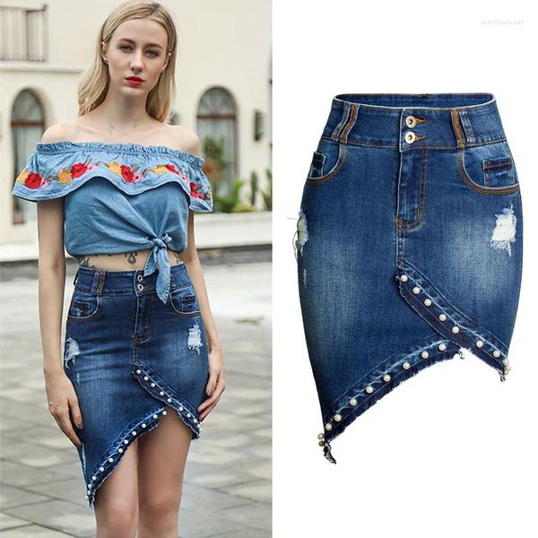 Röcke Denim Rock Zerrissene Jean Asymmetrische Frauen Hohe Taille Sexy Perle Wrap Unregelmäßige Elegante Kleidung Büro Dame Plussize 3XL