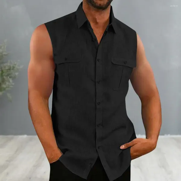 Camisas casuais masculinas homens verão top sem mangas cor sólida single-breasted camisa de comprimento médio match calças cardigan lapela colete roupas