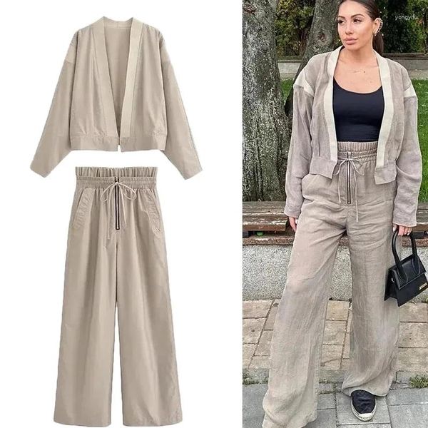 Jaquetas femininas Mulheres Kimono Bomber Jacket Set Vintage Mangas Compridas Tipo Aberto Outono Casual Chic Outwear Calças de Cintura Dupla