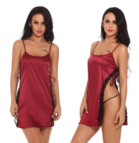 Donne Spacco laterale Indumenti da notte in raso Porno Intimo Lingerie Sexy Abito da notte erotico Intimo Costume sessuale Camicia da notte in pizzo Babydoll Y17696866