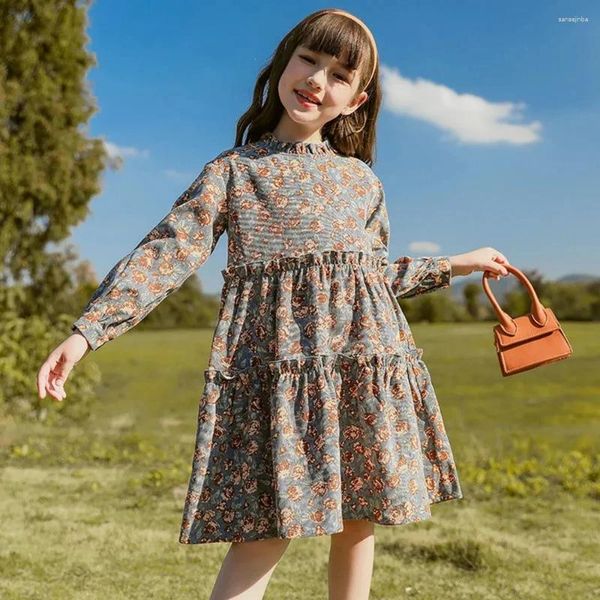 Vestidos da menina 6-14 anos crianças floral manga longa para meninas vestido de princesa de veludo crianças roupas de outono pequenas roupas 8 10 9