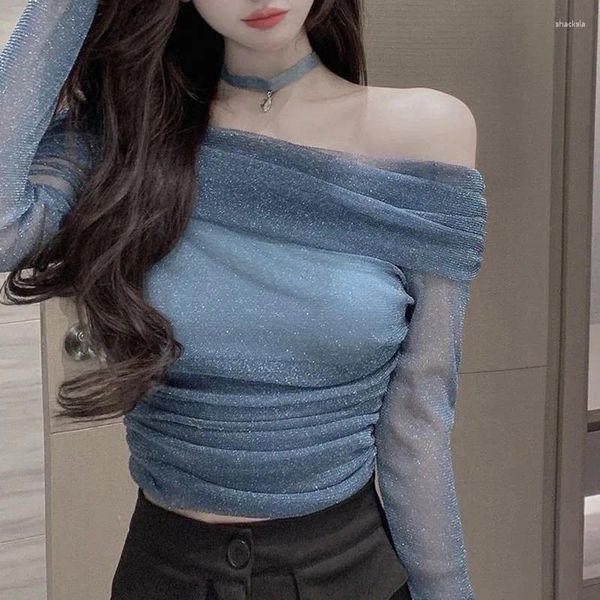 Camicette da donna Lucyever Camicetta sexy in rete blu con bling Camicie da donna eleganti slim fit con scollo a barchetta Moda femminile coreana Pieghe Top a maniche lunghe