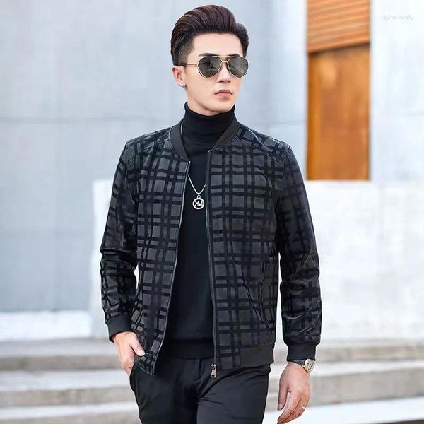 Giacche da uomo Giacca in pelle da uomo PU Moto Plaid Cerniera Cappotto casual allentato Manica lunga Colletto alla coreana Capispalla sottile