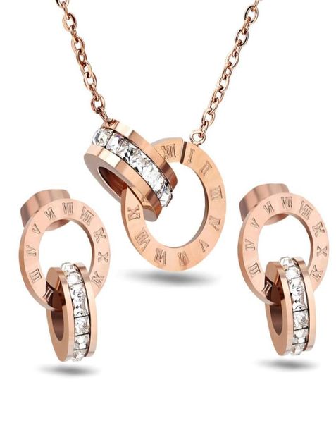 Set di gioielli alla moda, collana e orecchini in oro rosa con numero Roma, set in acciaio inossidabile di alta qualità32817951285106
