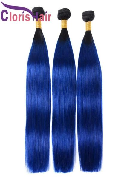 Ham Hint Bakire Ombre Saç Dokuma 3 Paket İpeksi Düz Renkli İki Ton 1B Mavi Remy İnsan Saç Uzantıları 6223391