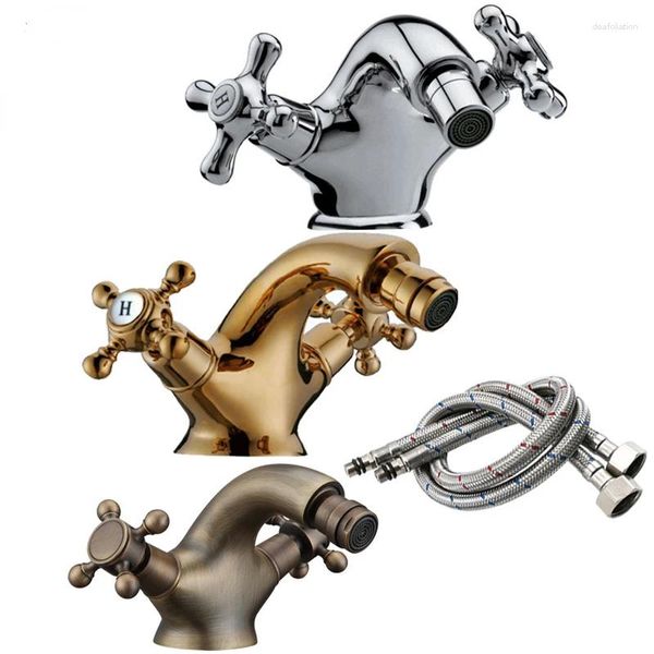 Badezimmer-Waschtischarmaturen, antiker Bidet-Wasserhahn, zwei Griffe, Wasser, Gold, Messing, Einlochmontage, Deckmontage-Mischbatterie