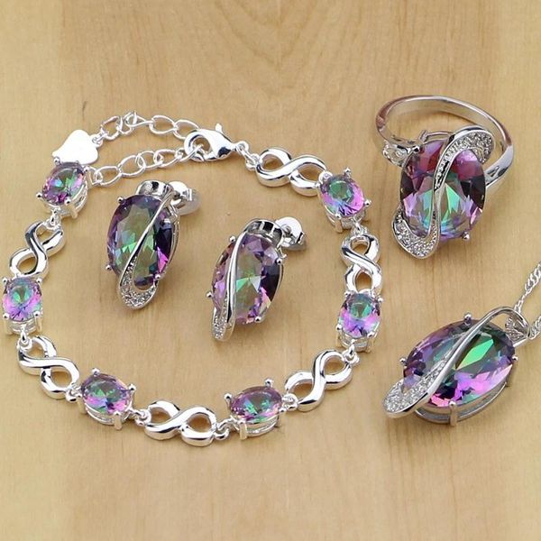 Bracciali Mystic Rainbow Fire Set di gioielli in cristallo australiano Sier per le donne Orecchini da sposa/pendente/collana/anelli/bracciale