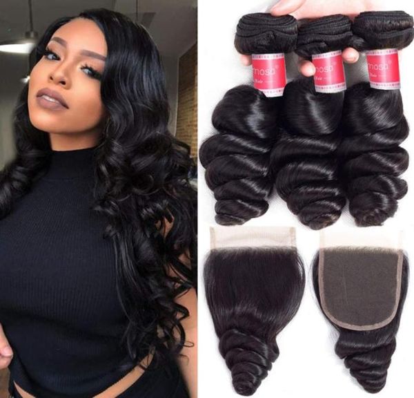 Pacotes de cabelo humano onda solta da Malásia com fecho Remy feixes de cabelo com clousres de renda suíça tecelagem para mulheres preto natural lo2201691