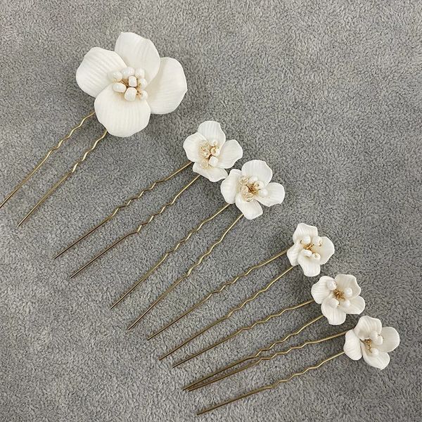 6PCS Weiße Keramik Blume Hochzeit Haarnadeln Frauen Schmuck Zubehör Handgemachte Kopf Dekoration Tiara Ornament 240102