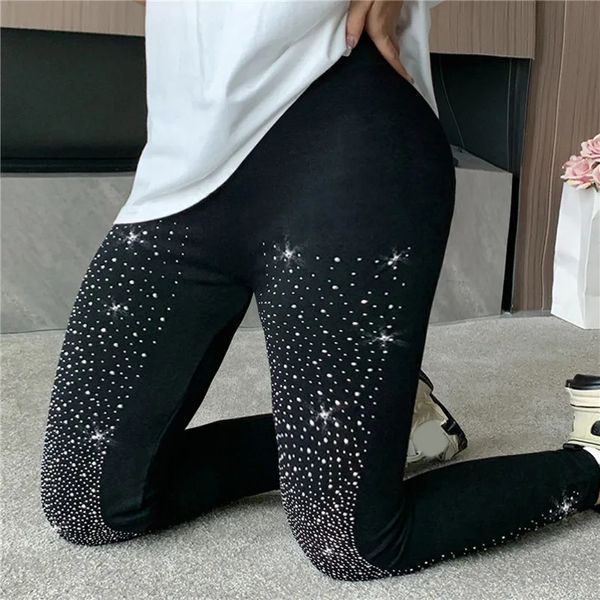 Preto estiramento strass calças magras mulheres leggings pérola grosso veludo tornozelo comprimento elástico outono inverno 231229