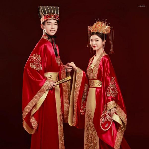 Roupas étnicas Chinês Noiva Antigo Vestido de Casamento Luxo Menina Hanfu Casal Garment Noivo Roupa Temática Tradicional Xiuhe Traje