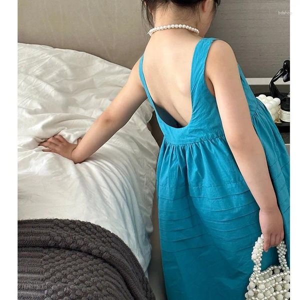 Vestidos de menina vestido estilo coreano 2024 verão plissados grande miss volta gola em u princesa sólida