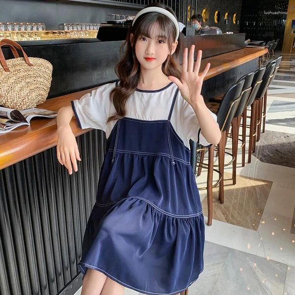 Menina vestidos de verão para meninas 4-16 anos elegante vestido de festa 2024 moda falso dois entrega gratuita estilo coreano