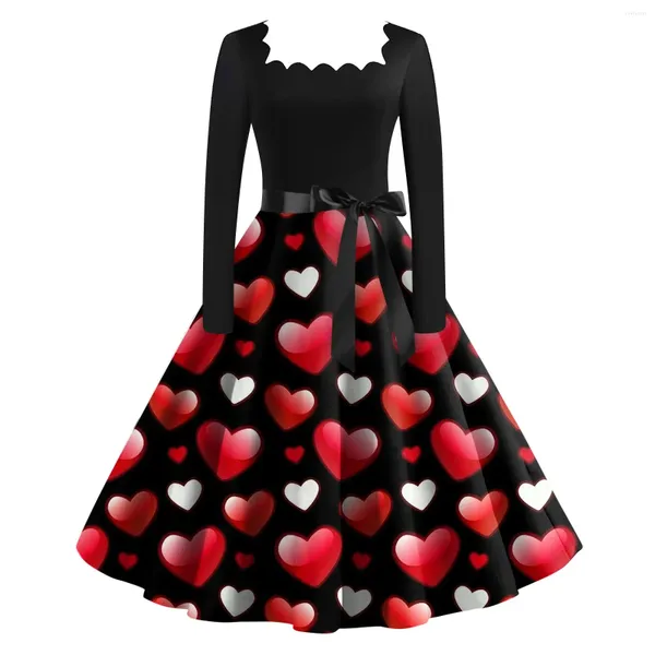 Vestidos casuais dia dos namorados amor impressão quadrado pescoço balanço vestido feminino retro clássico hepburn estilo festa noite vestidos