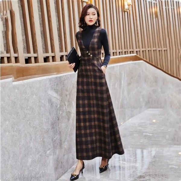 Casual Dresses WO2024 Herbst Winter Vintage Plaid Strap Kleid Sets Stricken Tops Lange Hosenträger 2 Stück Anzug Frauen Outfit 4XL