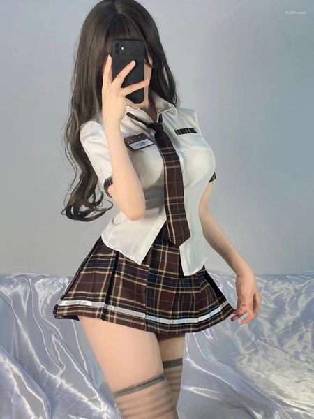 Abiti da lavoro Stile estetico Estate Trasparente Chsrm Sottile Sottile Top Lingerie JK Uniforme sexy Tentazione Minigonna a pieghe Set Plaid 1750