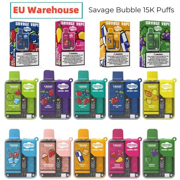 EU Stock Savage Vape 15000 Puff Электронная сигарета 28 мл Капсулы с электронной жидкостью 10 вкусов Блокировка от детей Умный дисплей Перезаряжаемая батарея 650 мАч Сетчатая катушка против вейпера 12000 12k 10000 затяжек