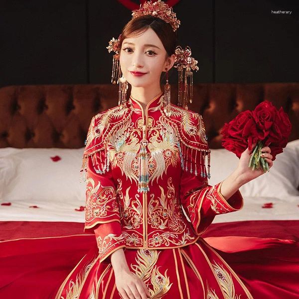 Этническая одежда Феникс с вышивкой из бисера и кисточками для невесты, свадебное платье в стиле ретро, китайский Cheongsam, тост за свадьбу