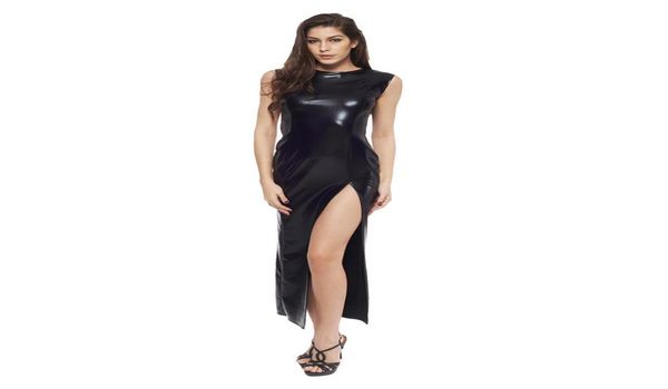 Sexy langer Lederrock mit Handschuhen, sexy PVC-Kostüm, Leder, Domina, Clubwear, Kostüm, Tanzkleidung für Damen, B04020244648110