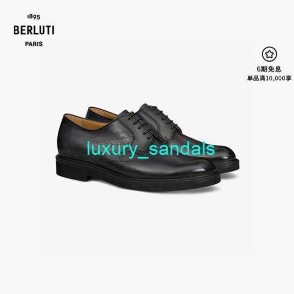 BERLUTI Herren-Kleiderschuhe, Leder-Oxford-Schuhe, Berluti Aplomb Bergamo, gemustertes Kalbsleder, Herren-Lederschuhe, Derby, Schwarz, Grau, 075 HB62