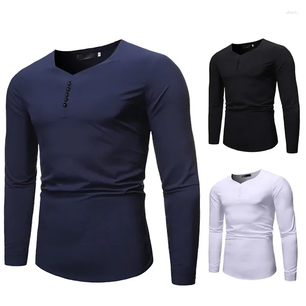 Camisas masculinas 2024 comércio exterior moda all-match casual cor sólida com decote em v camisa de mangas compridas