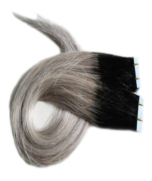 1B Silbergraue Ombre-Hautschuss-Bandverlängerungen 100G Glattes graues Haar 40-teiliges PU-Band in Echthaarverlängerungen8191684