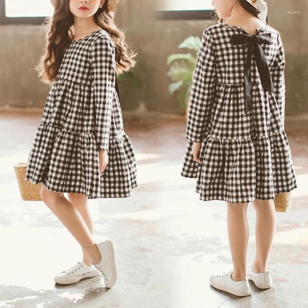 Vestidos de menina para meninas vestido de manga comprida roupa infantil primavera e outono coreano xadrez arco saia curta