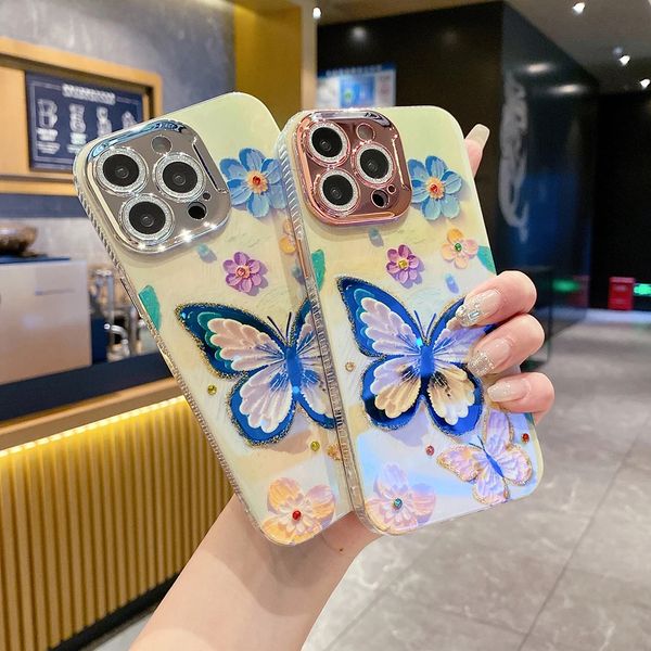 Für iPhone 11 12 14 15 14 Pro MAX Blue Light Fashion Butterfly Flowers Silikon Handyhülle mit Objektivschutzfolie