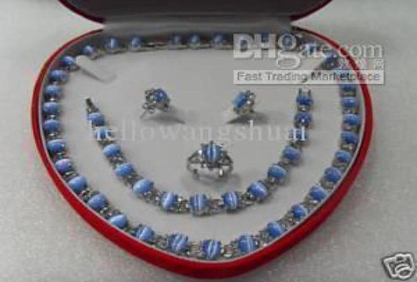 Echtes blaues Opal-Silberarmband, Halskette, Ring, Ohrringe, Edelstein-Schmucksets7867486