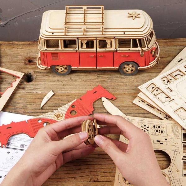 Quebra-cabeças 3d quebra-cabeças diy modelo de montagem manual carro de madeira retro ônibus 3d puzzle camper van crianças menino menina presente brinquedos educativos casa decora