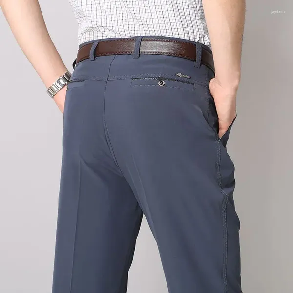 Pantalon d'été pour hommes, costume décontracté, droit, ample, en soie glacée, Ultra-mince, élastique, respirant, Business, formel, grande taille