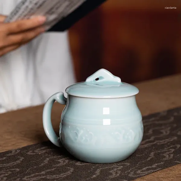 Tazze Tazza da caffè Tazza da tè Tazza da 13 once con coperchio Forno a microonde e lavabile in lavastoviglie Bicchieri in porcellana cinese Celadon Ceramica