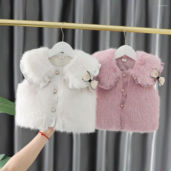 Ceketler 2024 Moda Kızlar Bebek Sahte Kürk Sıcak Yelek Katlar Düğmesi İnciler Düğmesi Zarif Kız Çocuk Yastıklı Kış Paltoları Çocuk Giysileri