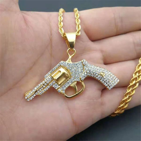 Hip hop iced out cz bling revólver pistola pingentes colar para homem 14k ouro amarelo hiphop rapper jóias colar