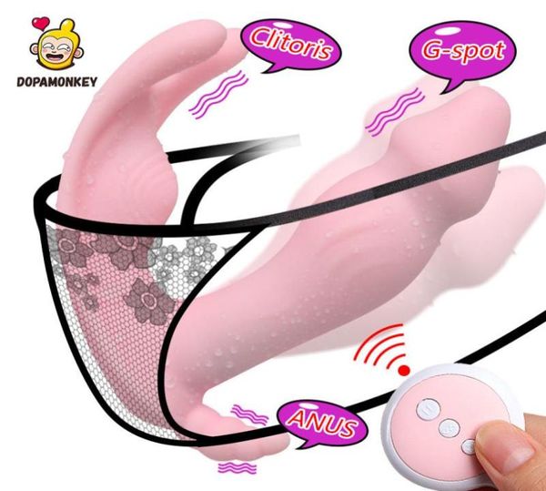 DopaMonkey Fallo indossabile Stimolatore del clitoride del punto G Telecomando senza fili Farfalla Vibratore Mutandine Strap on Dildo Vibratore Y23944989