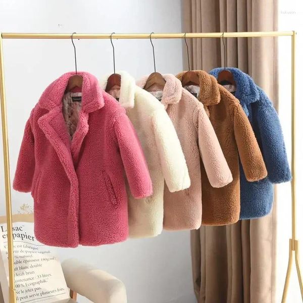 Jaquetas 2024 crianças ovelhas shearling cardigan casaco crianças menina grossa casual jaqueta longa adolescente pele falsa quente outerwear roupas q470