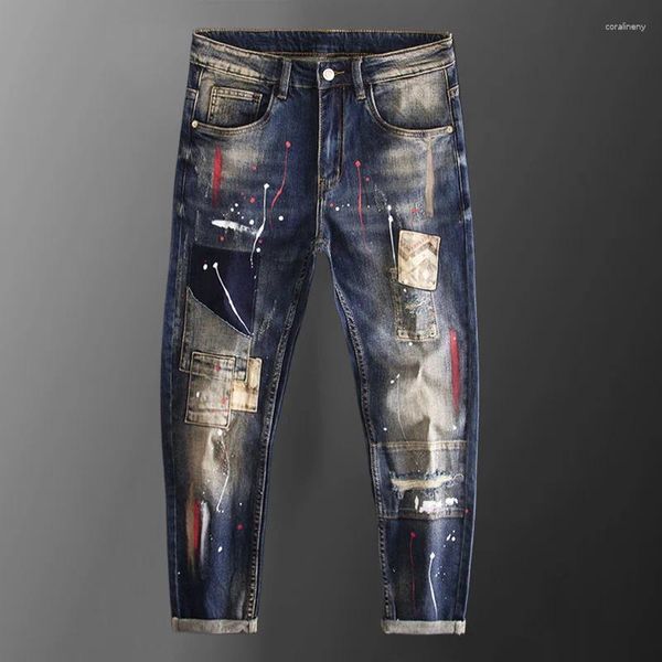 Jeans masculinos moda buraco remendos magro jean para homens azul respingado pintura pant personalizado retalhos elástico vaqueros hombre