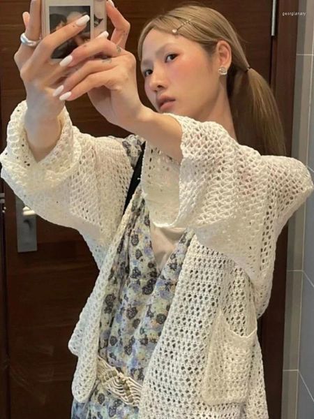 Maglieria da donna Cardigan lavorato a maglia Harajuku Donna Vintage Scava fuori maglione oversize all'uncinetto Moda coreana Manica lunga Top sottili Y2k Vestiti