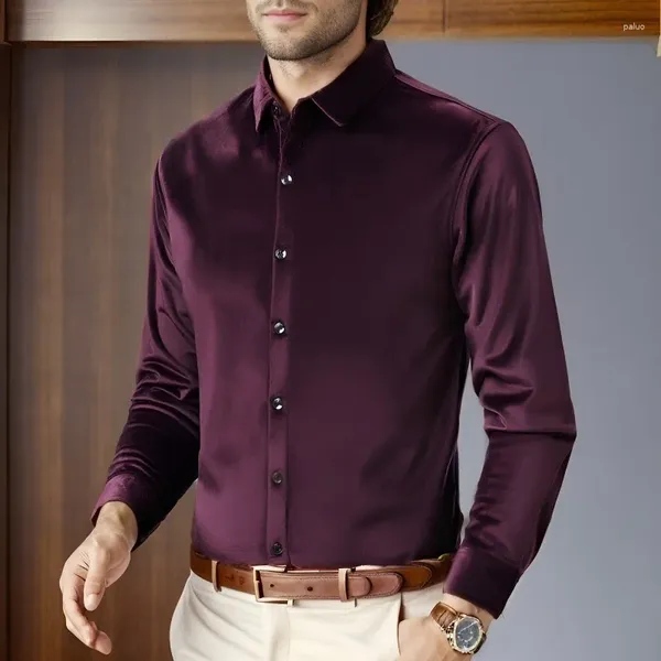 Homens Casuais Camisas Claret Vermelho Luxo Veludo Homens Inverno Verde Escuro Roupas Elegantes Para Mens Vestido Cavalheiro Veludo Blusa De Pelúcia Borgonha