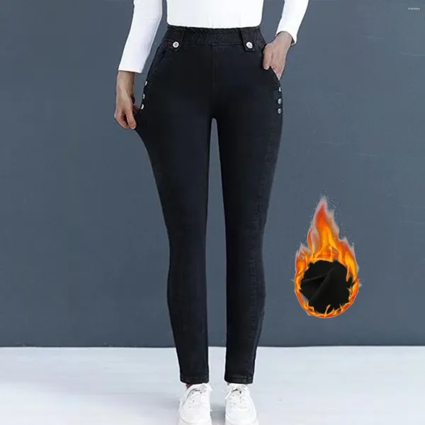 Jeans femininos inverno mulheres engrossar veludo denim elástico grosso magro lã forrado magro quente jeggings curto jean calças para 2024